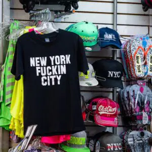 New York souvenir shop with shirts, hats.