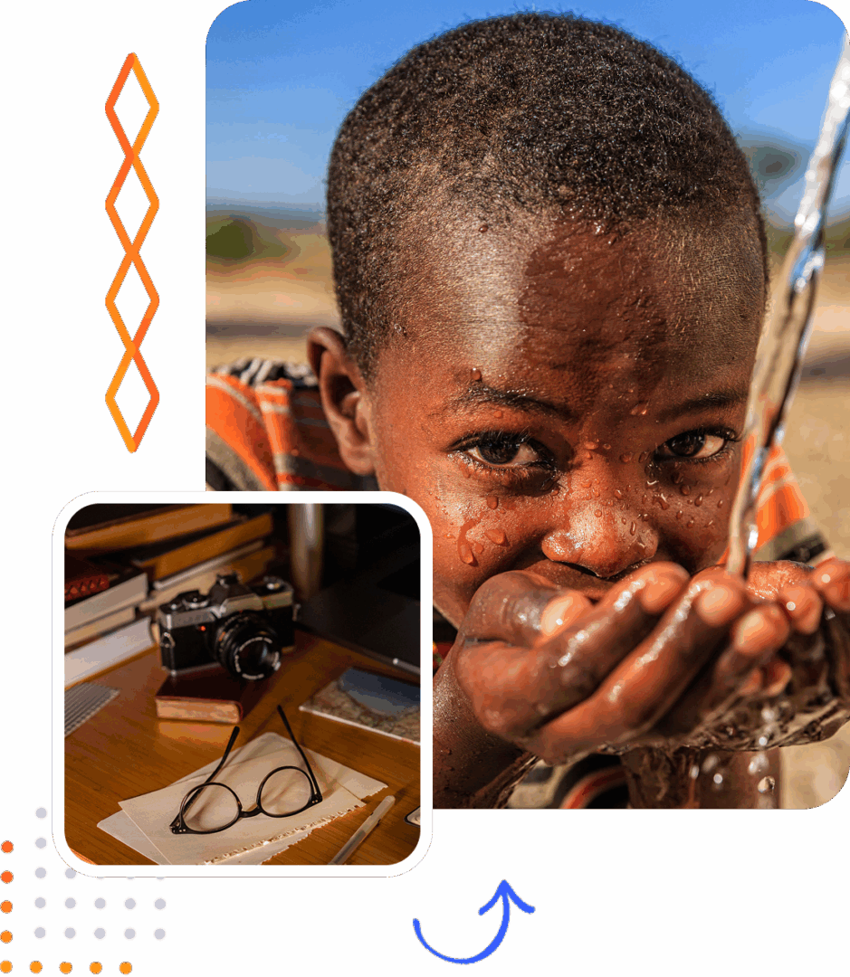 Child drinking water, camera and glasses nearby.