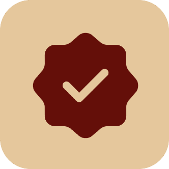 Checkmark badge on a beige background.
